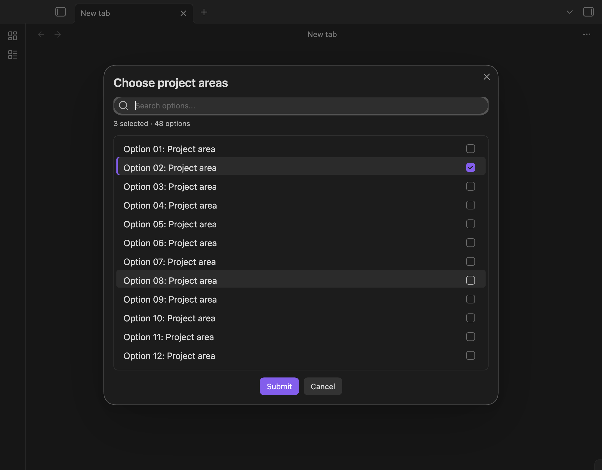 Searchable checkbox prompt with selected options and fixed action buttons